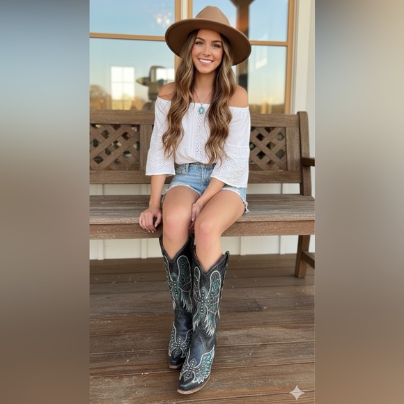 Corral Boots Shoes - Corral A1048 Black Turquoise Wing Cross Studded Snip Toe Cowgirl Boots 9.5M